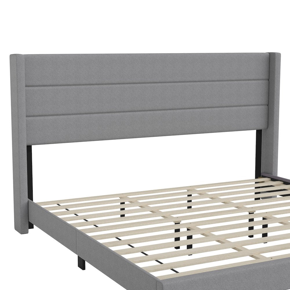 King Upholstered Platform Bed with Wingback Headboard, Gray Faux Linen