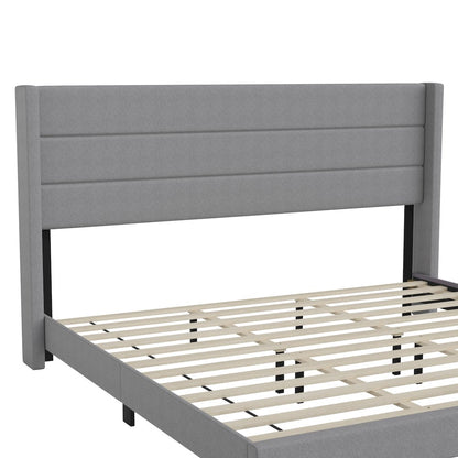 King Upholstered Platform Bed with Wingback Headboard, Gray Faux Linen