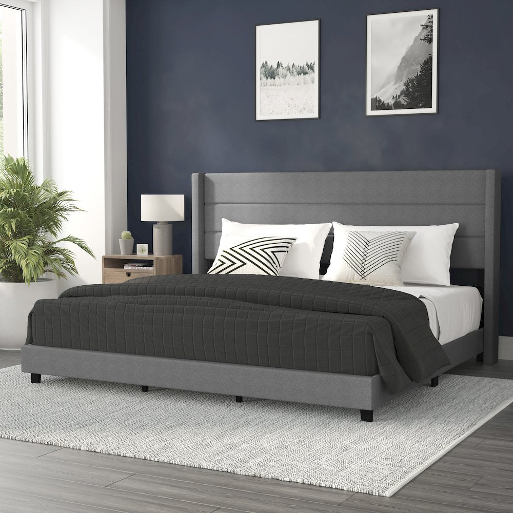 King Upholstered Platform Bed with Wingback Headboard, Gray Faux Linen