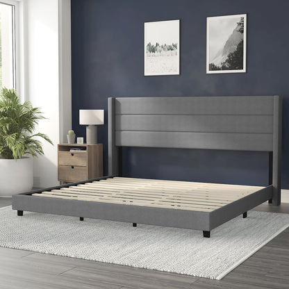 King Upholstered Platform Bed with Wingback Headboard, Gray Faux Linen