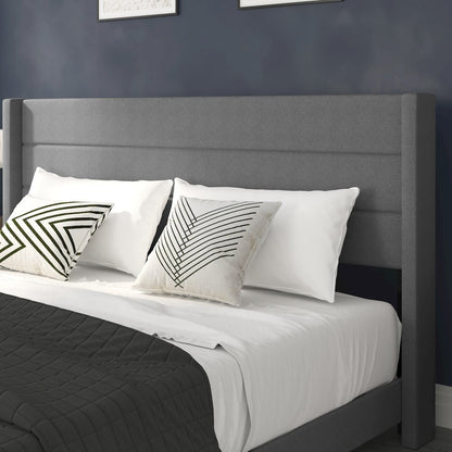 King Upholstered Platform Bed with Wingback Headboard, Gray Faux Linen