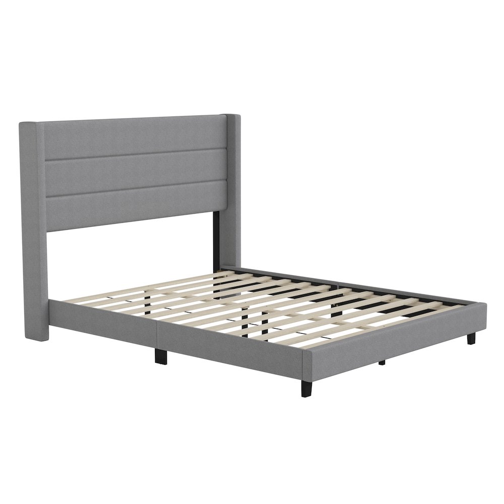 Queen Upholstered Platform Bed with Wingback Headboard, Gray Faux Linen