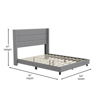Queen Upholstered Platform Bed with Wingback Headboard, Gray Faux Linen