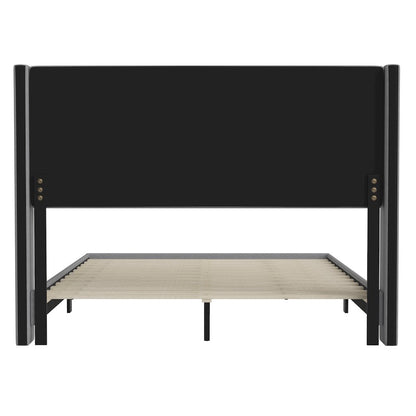 Queen Upholstered Platform Bed with Wingback Headboard, Gray Faux Linen