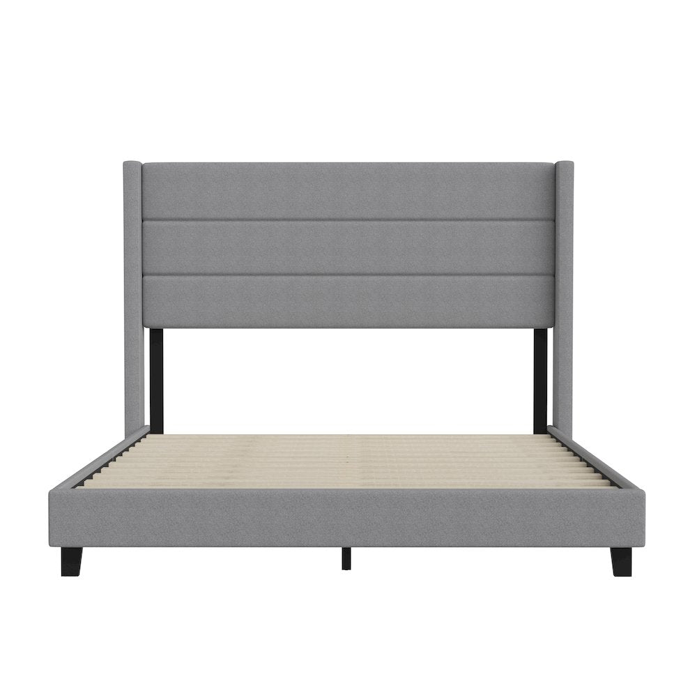 Queen Upholstered Platform Bed with Wingback Headboard, Gray Faux Linen
