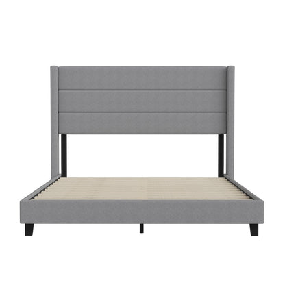 Queen Upholstered Platform Bed with Wingback Headboard, Gray Faux Linen