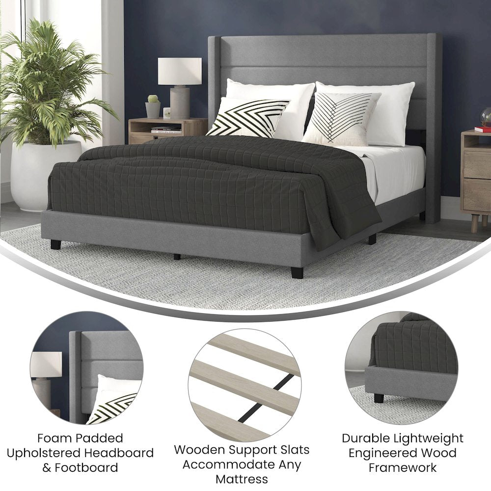 Queen Upholstered Platform Bed with Wingback Headboard, Gray Faux Linen
