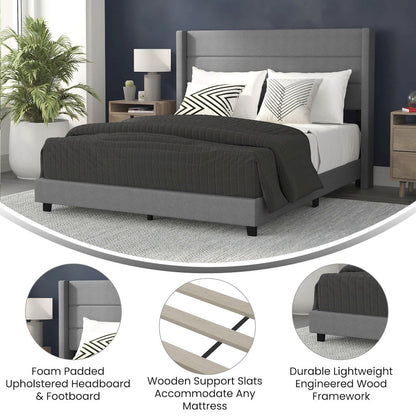Queen Upholstered Platform Bed with Wingback Headboard, Gray Faux Linen