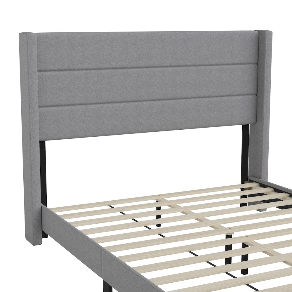 Queen Upholstered Platform Bed with Wingback Headboard, Gray Faux Linen