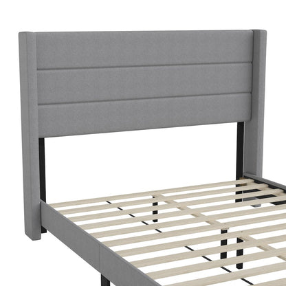 Queen Upholstered Platform Bed with Wingback Headboard, Gray Faux Linen