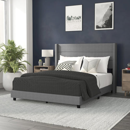 Queen Upholstered Platform Bed with Wingback Headboard, Gray Faux Linen