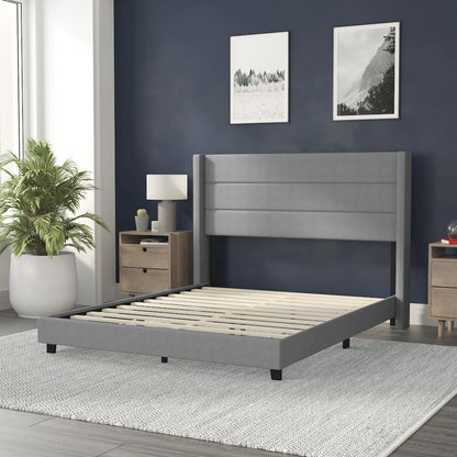 Queen Upholstered Platform Bed with Wingback Headboard, Gray Faux Linen
