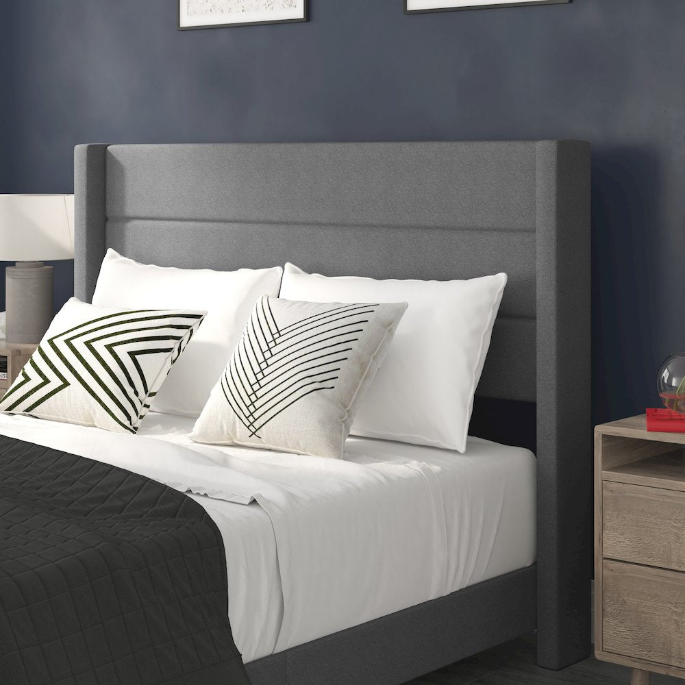 Queen Upholstered Platform Bed with Wingback Headboard, Gray Faux Linen