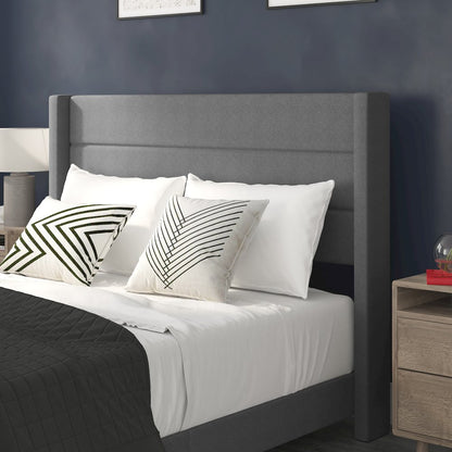 Queen Upholstered Platform Bed with Wingback Headboard, Gray Faux Linen
