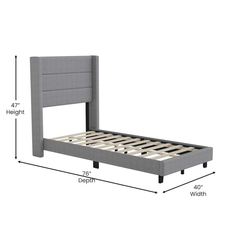Twin Upholstered Platform Bed with Wingback Headboard, Gray Faux Linen