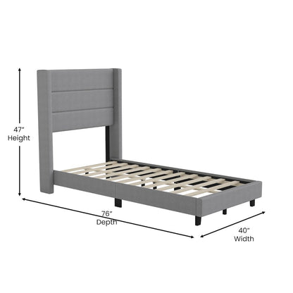 Twin Upholstered Platform Bed with Wingback Headboard, Gray Faux Linen