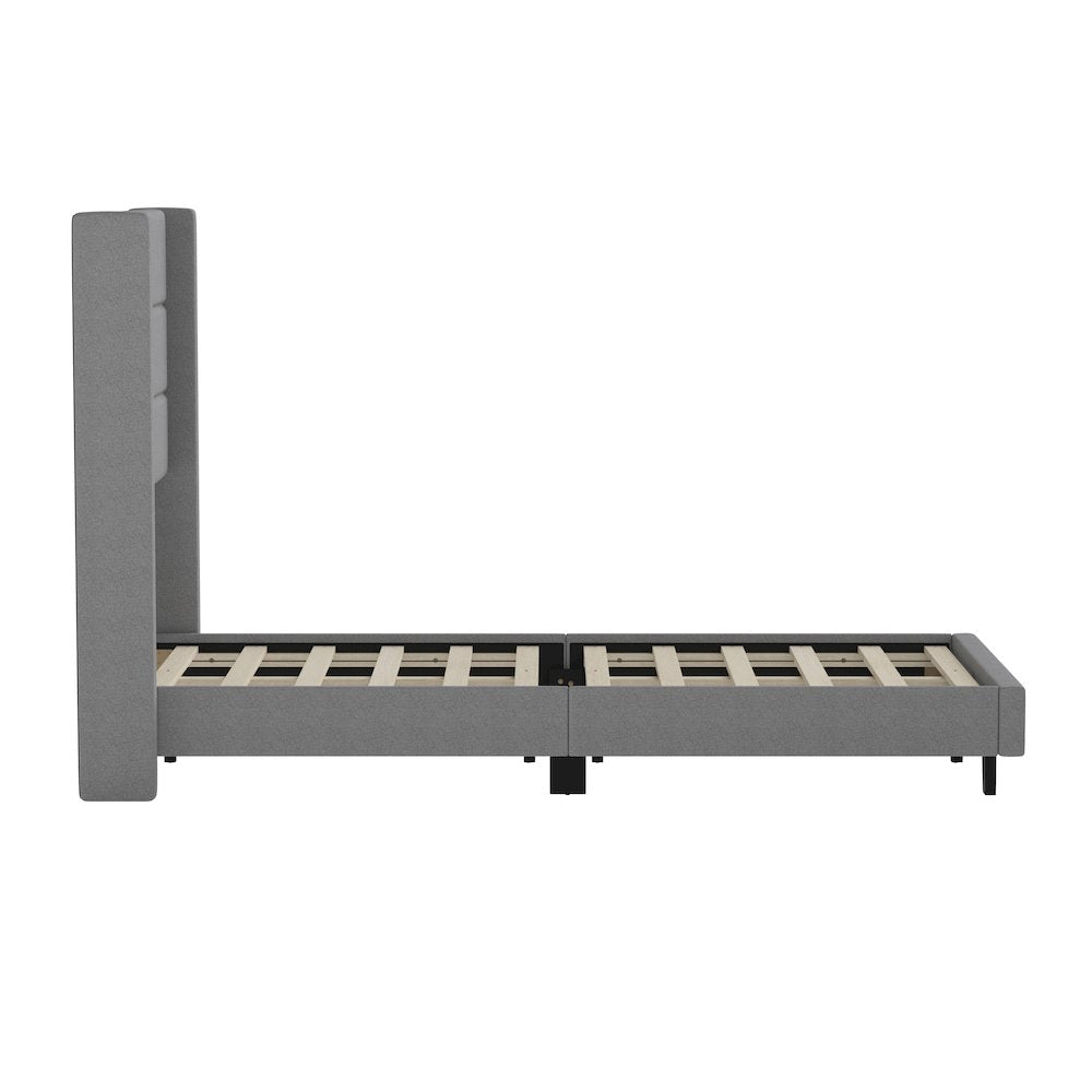 Twin Upholstered Platform Bed with Wingback Headboard, Gray Faux Linen