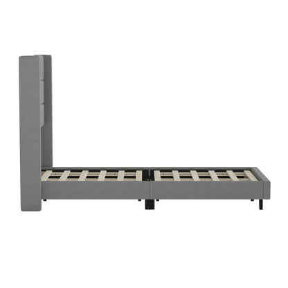 Twin Upholstered Platform Bed with Wingback Headboard, Gray Faux Linen