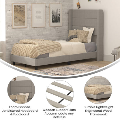 Twin Upholstered Platform Bed with Wingback Headboard, Gray Faux Linen