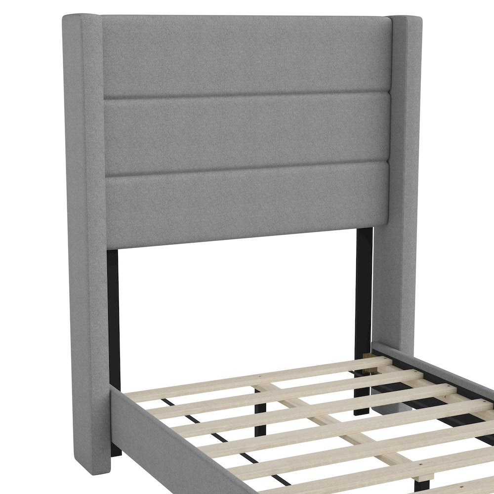 Twin Upholstered Platform Bed with Wingback Headboard, Gray Faux Linen