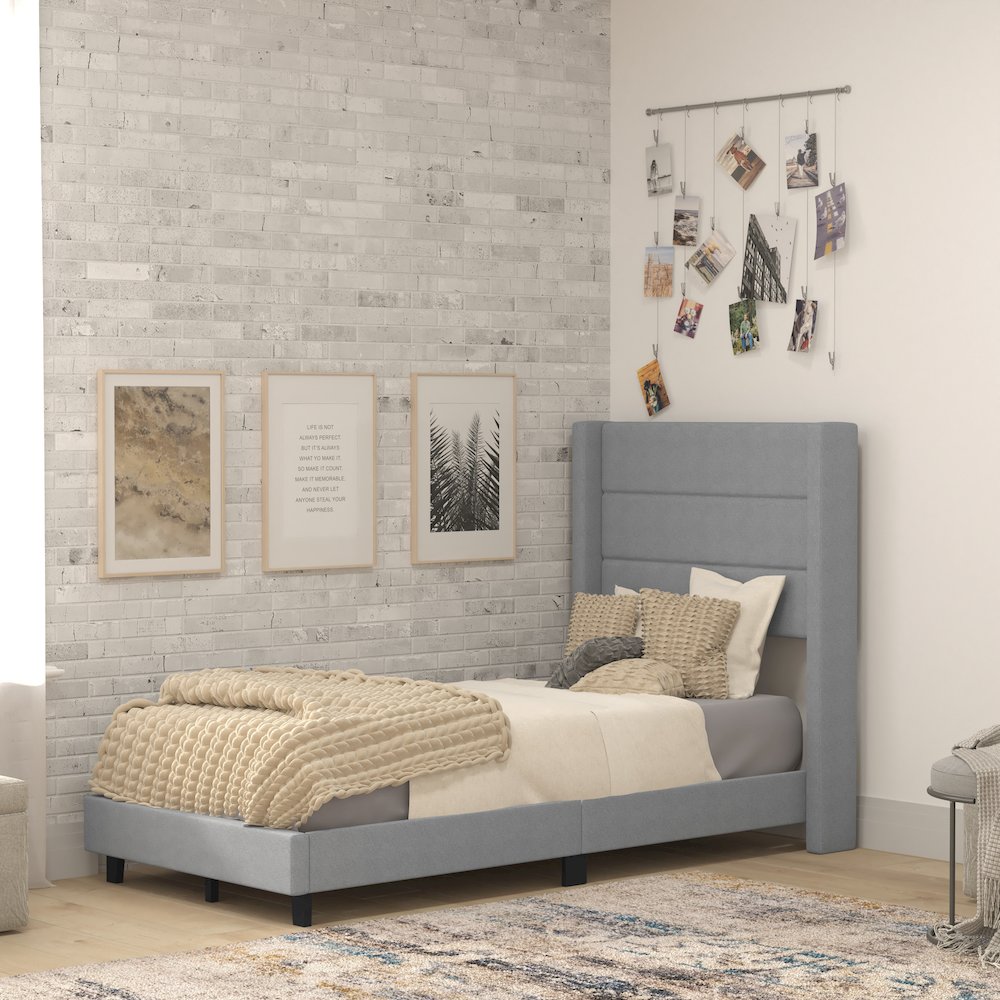 Twin Upholstered Platform Bed with Wingback Headboard, Gray Faux Linen