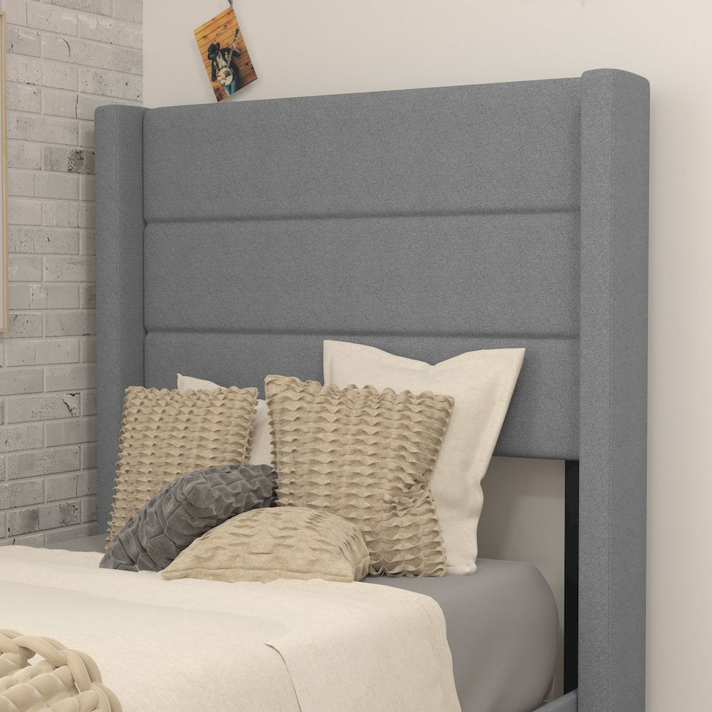 Twin Upholstered Platform Bed with Wingback Headboard, Gray Faux Linen