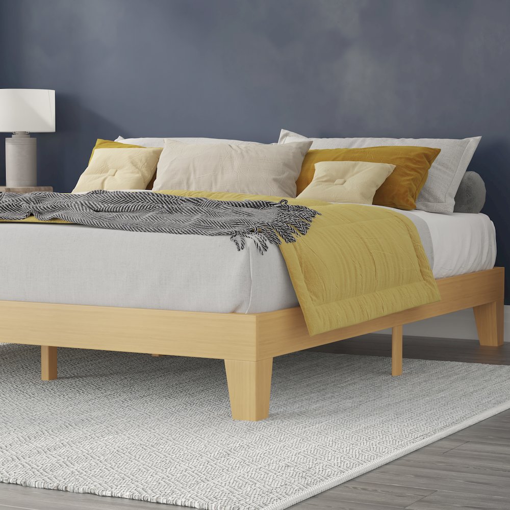 Natural Pine Finish Wood King Platform Bed with Wooden Support Slats