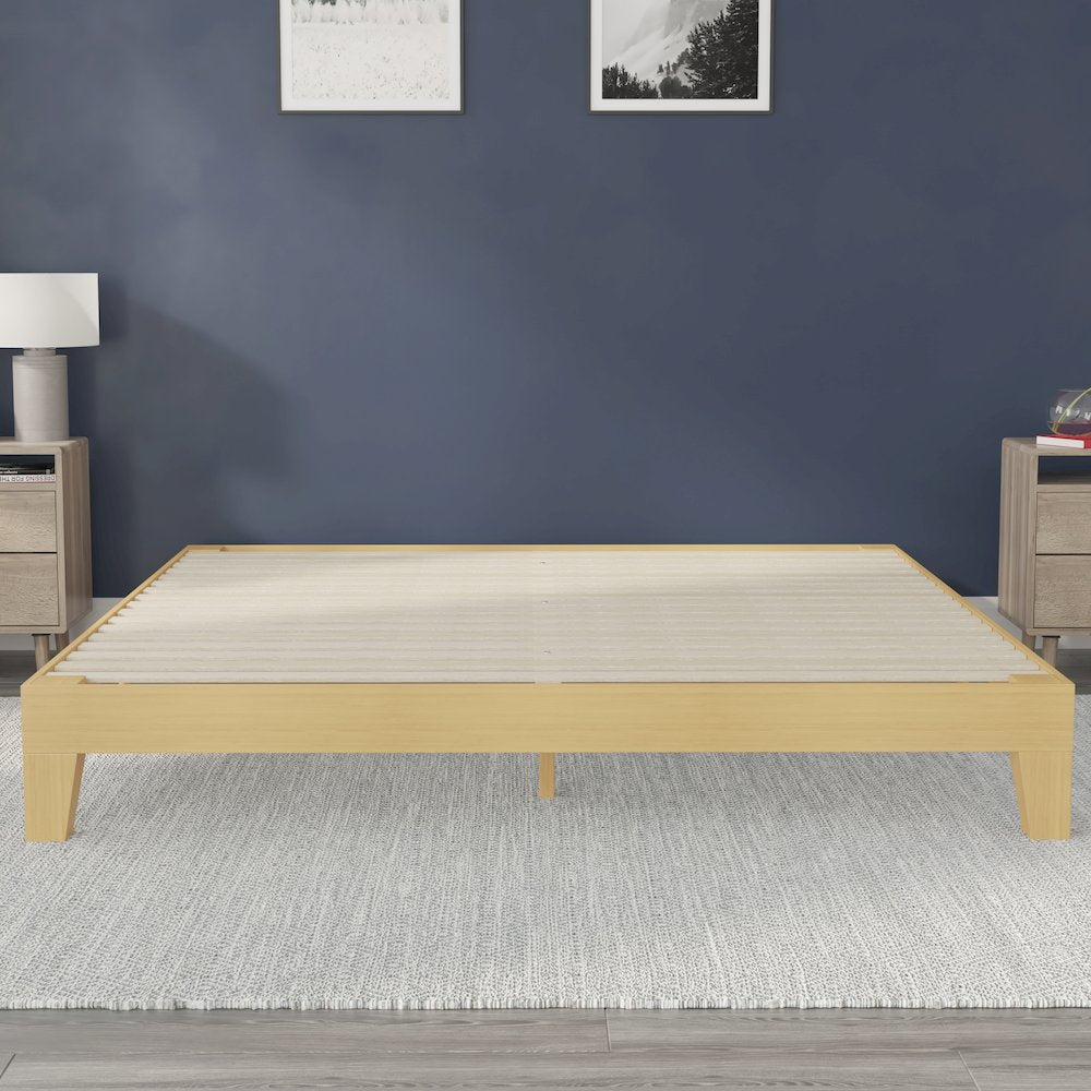 Natural Pine Finish Wood King Platform Bed with Wooden Support Slats