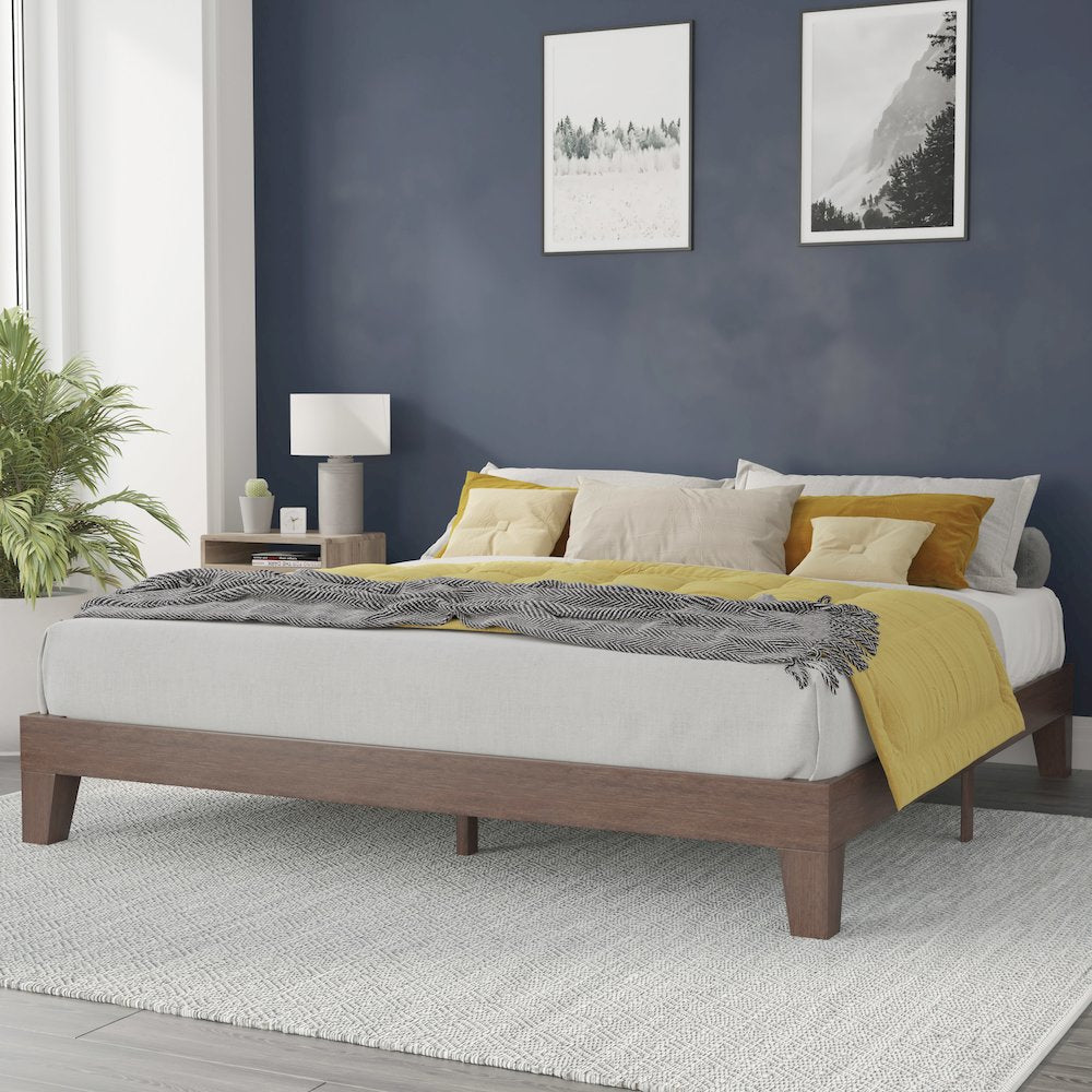 Wood King Platform Bed with Wooden Support Slats, No Box Spring Required