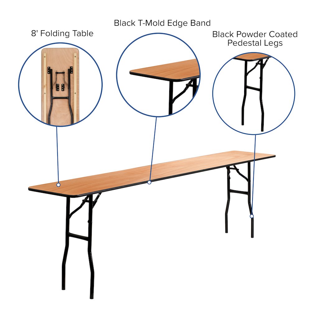 8-Foot Wood Folding Table with Smooth Clear Coated Finished Top