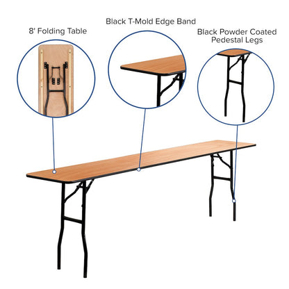 8-Foot Wood Folding Table with Smooth Clear Coated Finished Top