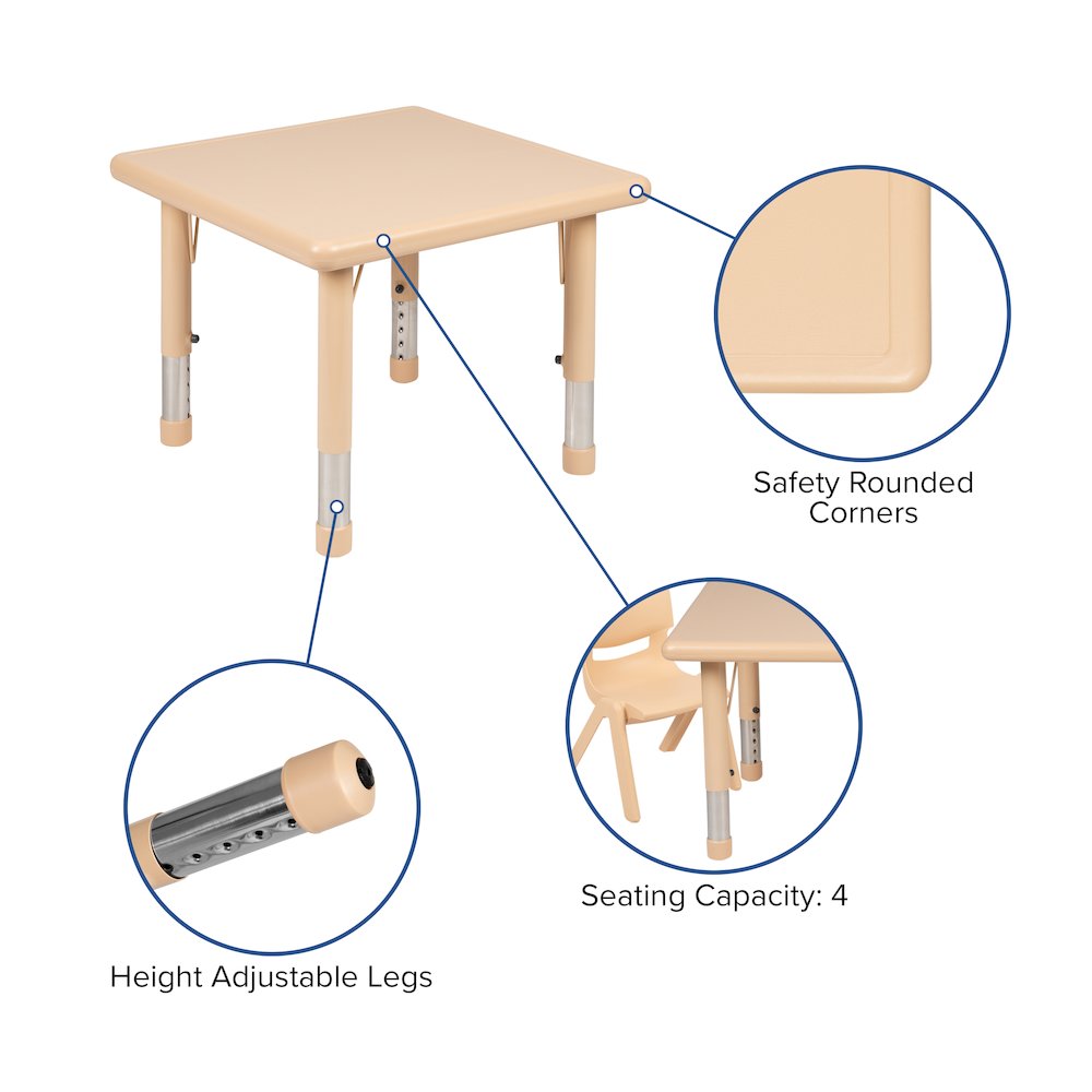 24" Square Natural Plastic Height Adjustable Activity Table Set with 4 Chairs