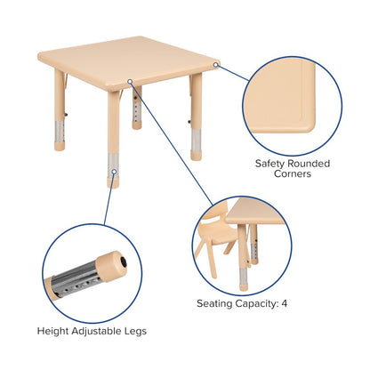 24" Square Natural Plastic Height Adjustable Activity Table Set with 4 Chairs