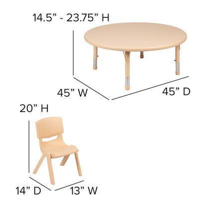 45" Round Natural Plastic Height Adjustable Activity Table Set with 4 Chairs