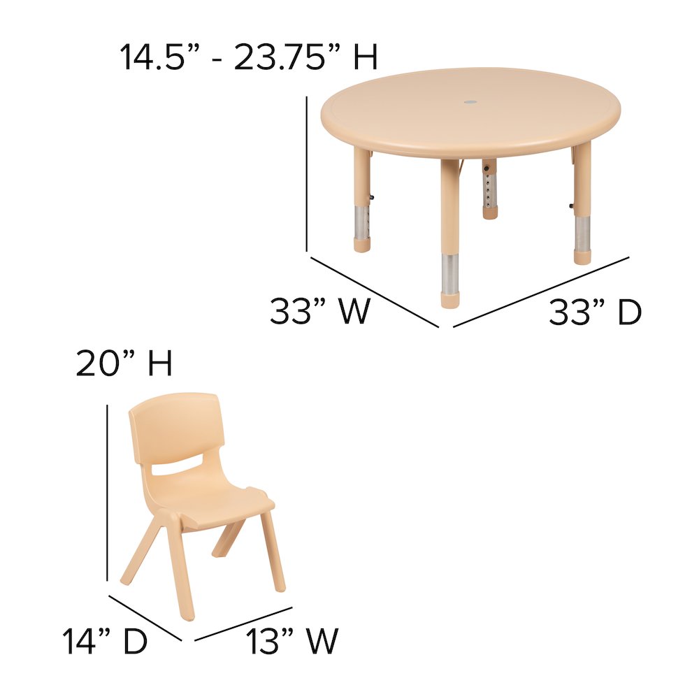 33" Round Natural Plastic Height Adjustable Activity Table Set with 2 Chairs