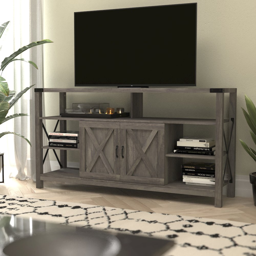 60" Farmhouse Tall TV Console Cabinet for TV's up to 60", Gray Wash