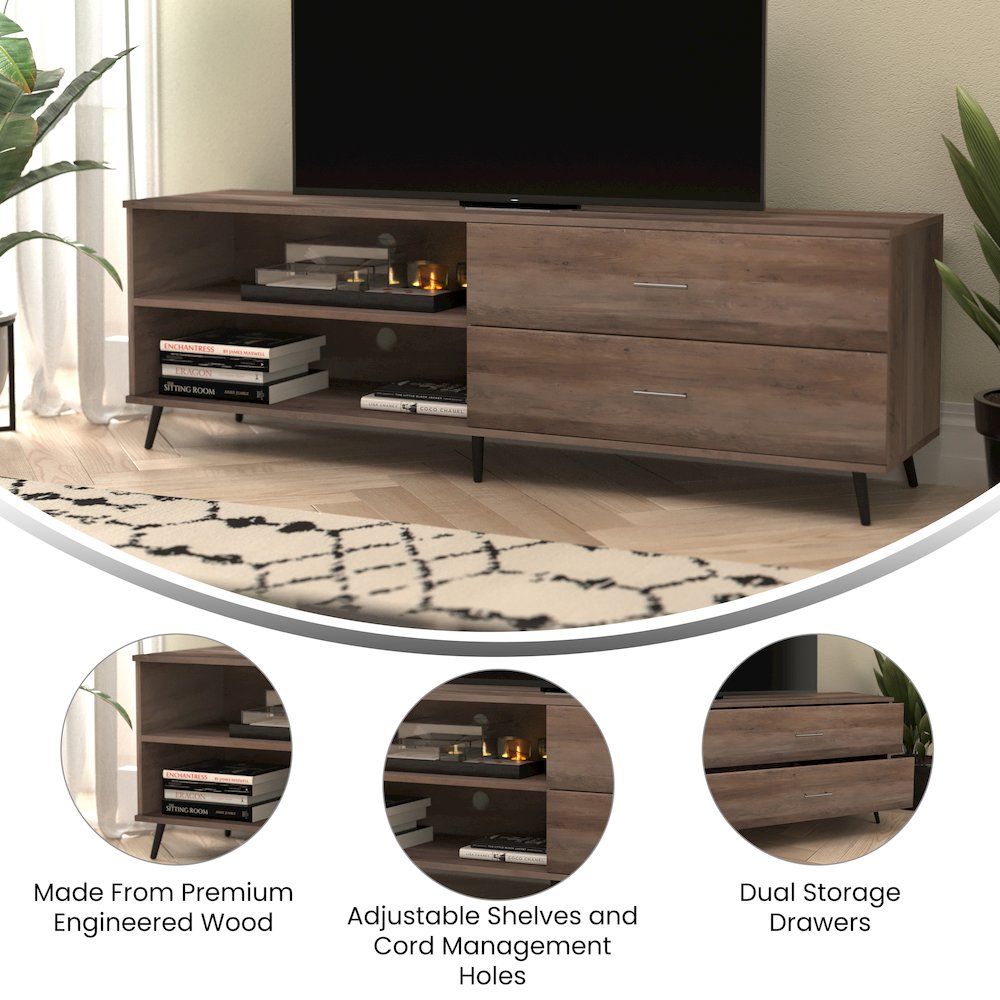 65" TV Stand for up to 60" TV's with Shelf and Storage Drawers, Walnut