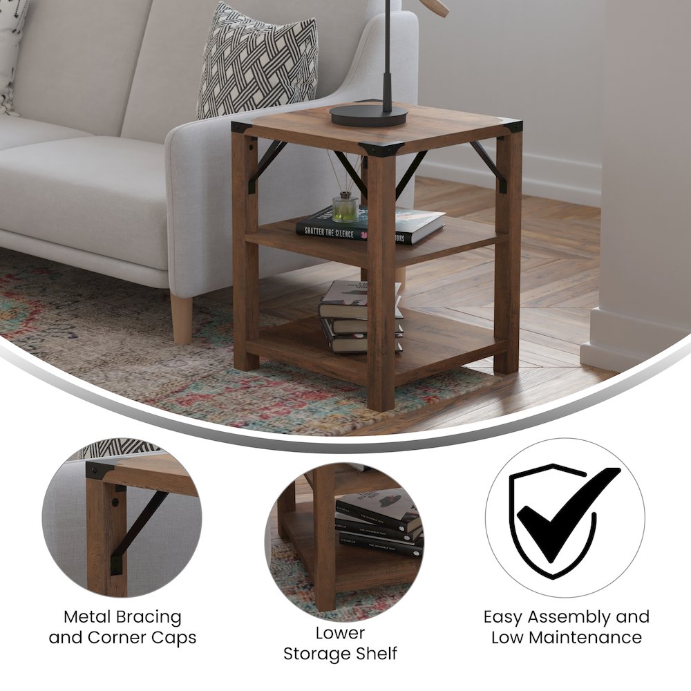 Farmhouse Wooden 3 Tier End Table with Black Metal Corner Accents, Oak