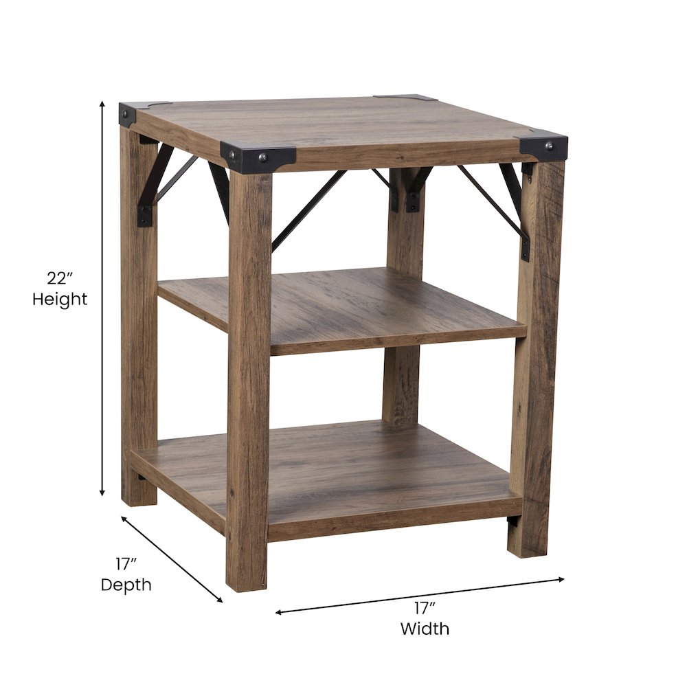 Farmhouse Wooden 3 Tier End Table with Black Metal Corner Accents, Oak