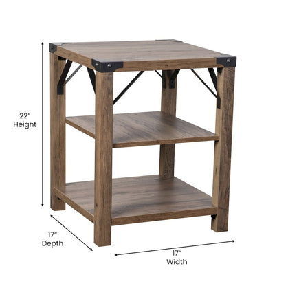 Farmhouse Wooden 3 Tier End Table with Black Metal Corner Accents, Oak