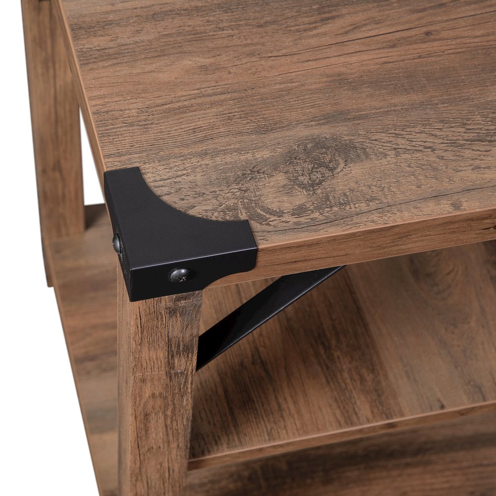 Farmhouse Wooden 3 Tier End Table with Black Metal Corner Accents, Oak