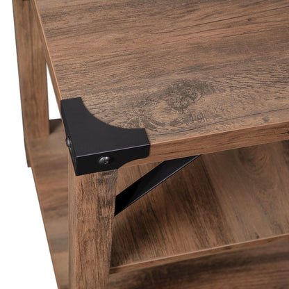 Farmhouse Wooden 3 Tier End Table with Black Metal Corner Accents, Oak