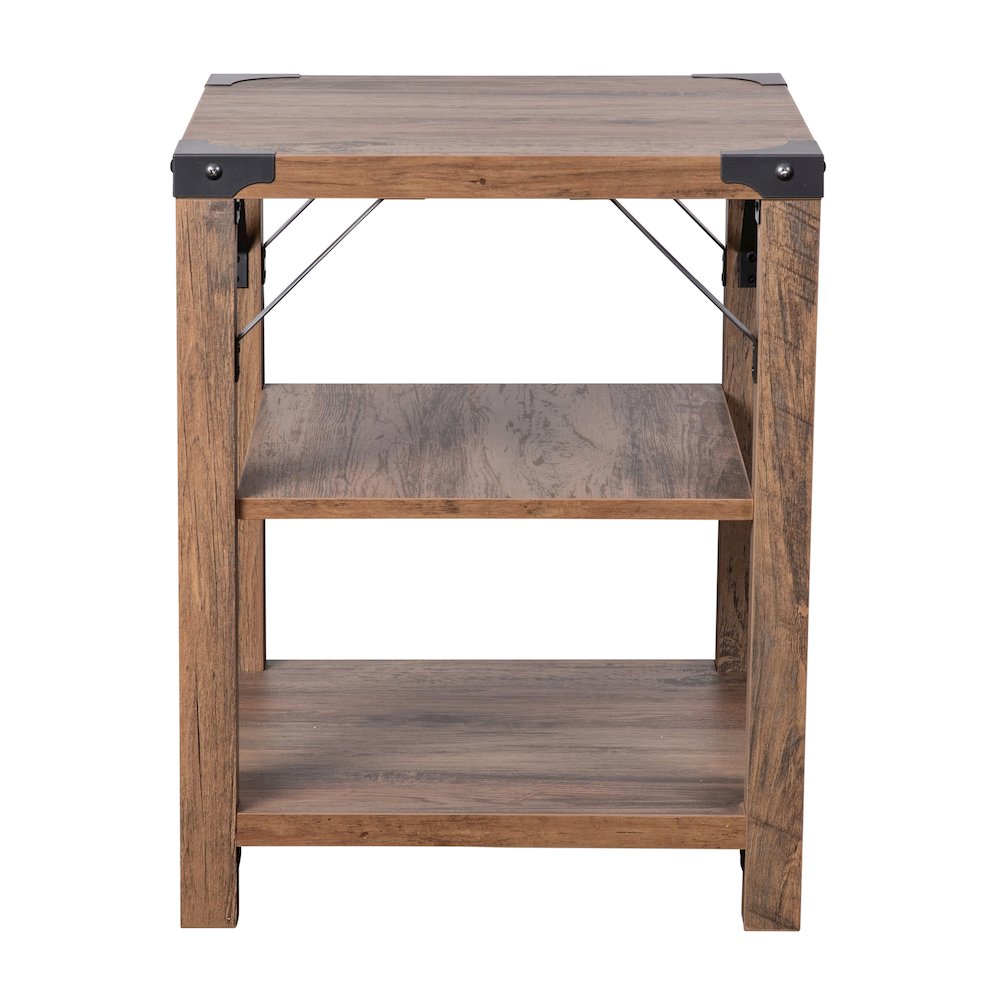 Farmhouse Wooden 3 Tier End Table with Black Metal Corner Accents, Oak