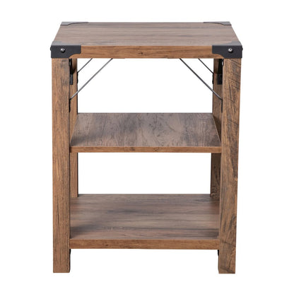 Farmhouse Wooden 3 Tier End Table with Black Metal Corner Accents, Oak