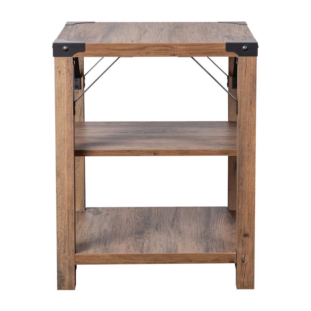 Farmhouse Wooden 3 Tier End Table with Black Metal Corner Accents, Oak