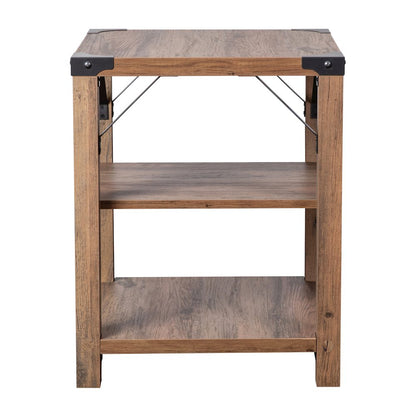 Farmhouse Wooden 3 Tier End Table with Black Metal Corner Accents, Oak