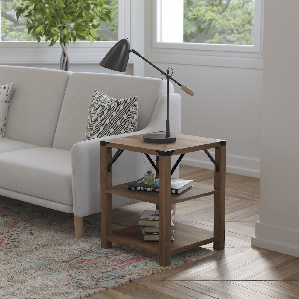Farmhouse Wooden 3 Tier End Table with Black Metal Corner Accents, Oak