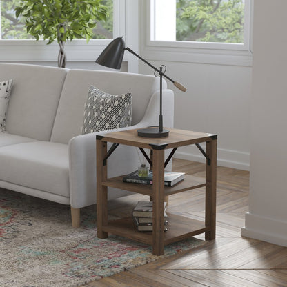 Farmhouse Wooden 3 Tier End Table with Black Metal Corner Accents, Oak