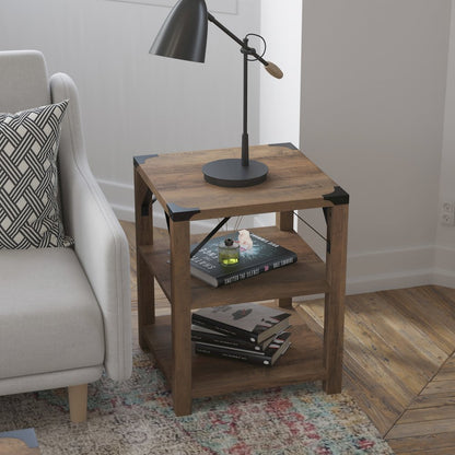 Farmhouse Wooden 3 Tier End Table with Black Metal Corner Accents, Oak