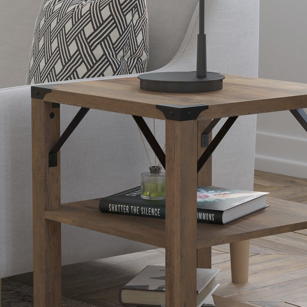 Farmhouse Wooden 3 Tier End Table with Black Metal Corner Accents, Oak